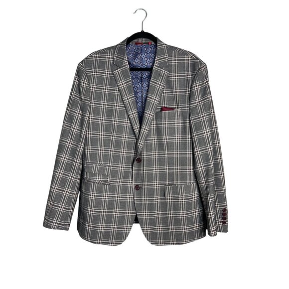 Statement Other - Statement Men's Wool Plaid Blazer 46R Super 180's Tailored Fit Gray Burgandy